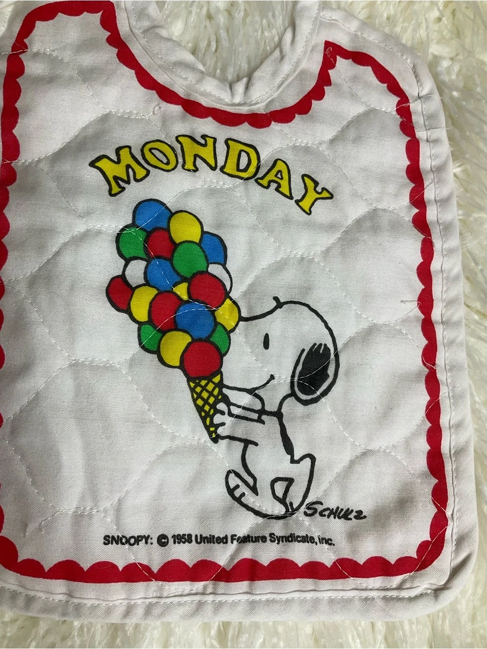 Vintage Snoopy 1958 Quilted “Monday” Baby Bib Peanuts Schulz